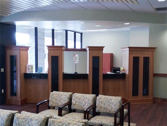 Image depicts the reception area and check-in desk at Aza Health at the Green Cove Springs location at 1302 North Orange Avenue Green Cove Springs Florida.